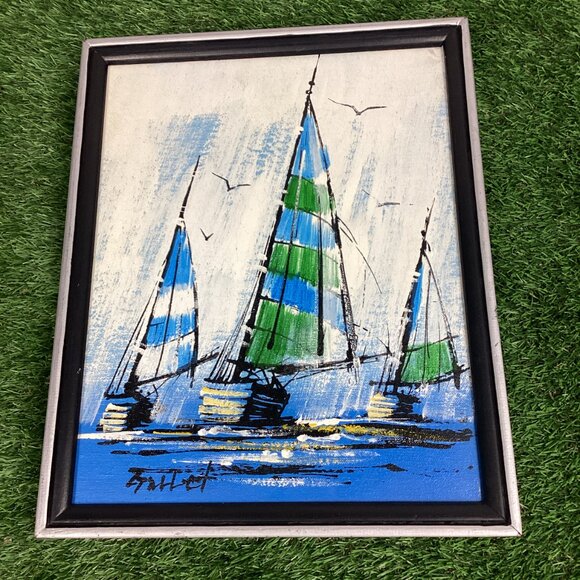 Vintage Mid Century Oil Painting Set Signed Sail Boats - Picture 2 of 16